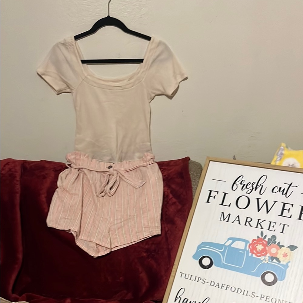 MINKPINK Cream Top and Pink Striped Shorts Set